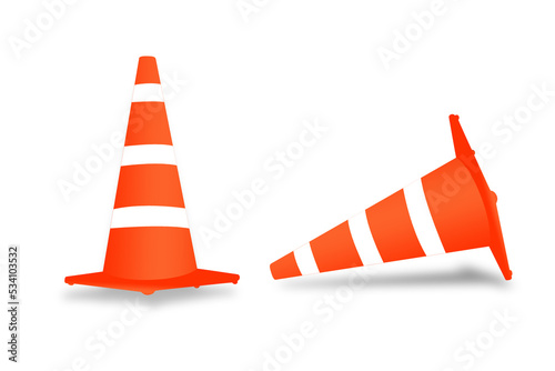 Single orange traffic warning cone or pylon on white background - under construction, maintenance or attention concept