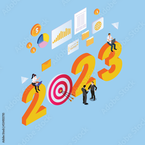 New year 2023 financial target isometric 3d vector illustration concept for banner, website, illustration, landing page, flyer, etc.