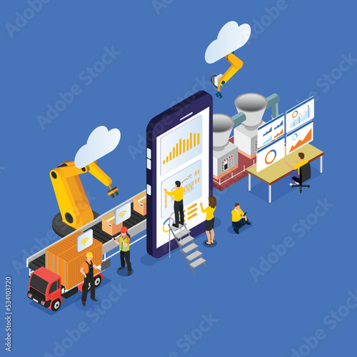 industry 4.0 - Smart Factory and working person using wireless technology isometric 3d vector illustration concept for banner, website, illustration, landing page, flyer, etc.