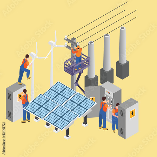 Electricity energy maintenance isometric 3d vector illustration concept for banner, website, illustration, landing page, flyer, etc.