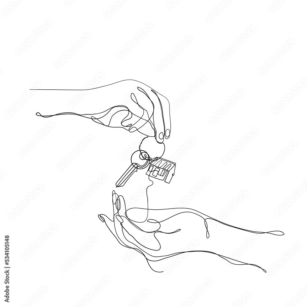 continuous line drawing hand giving key house symbol for real estate ...