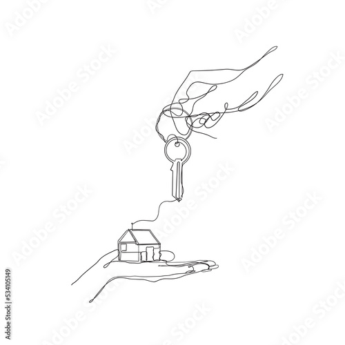 continuous line drawing hand giving key house symbol for real estate illustration