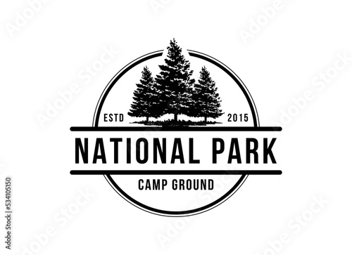 Rustic Retro Vintage Woodland, Evergreen, Pines, Spruce, Cedar trees logo design