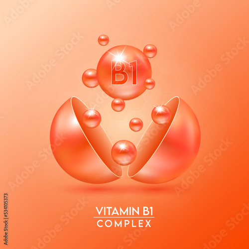 Vitamin B1 complex and Minerals float out of the capsule isolated on orange background. Dietary supplement for pharmacy advertisement, package design. Vector EPS10.