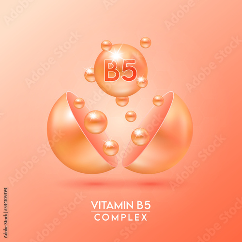 Vitamin B5 complex and Minerals float out of the capsule isolated on orange background. Dietary supplement for pharmacy advertisement, package design. Vector EPS10.