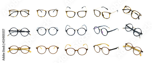 Group of beautiful eyeglass frames isolated on white background. Spectacles. Costume Fashion.