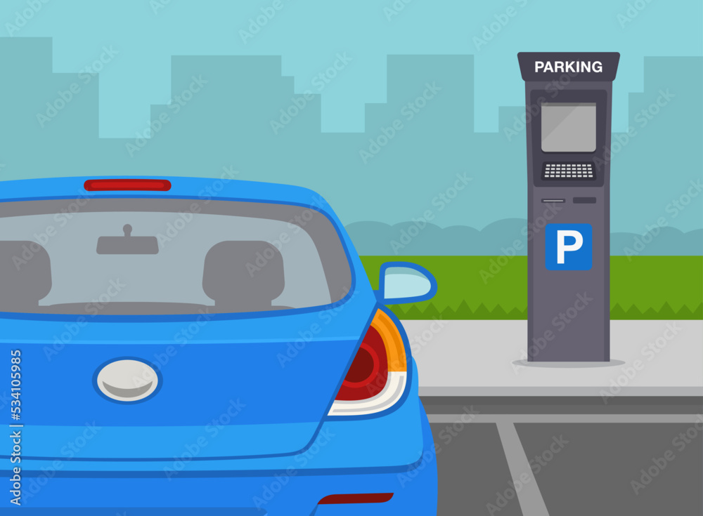 Outdoor parking tips. Close-up view of parked blue sedan car. City parking payment system. Flat vector illustration template. Outdoor parking tips. Close-up view of parked blue sedan car. City parking payment system. Flat vector illustration template.