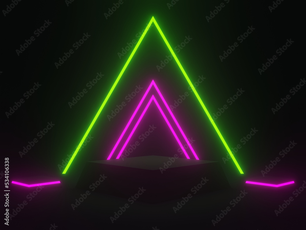 3D black geometric podium with green and pink neon lights. 3D black geometric podium with green and pink neon lights.