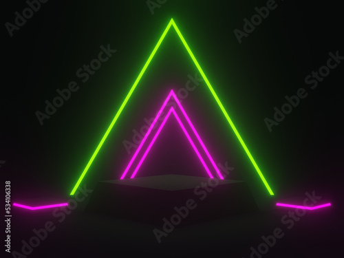 3D black geometric podium with green and pink neon lights.