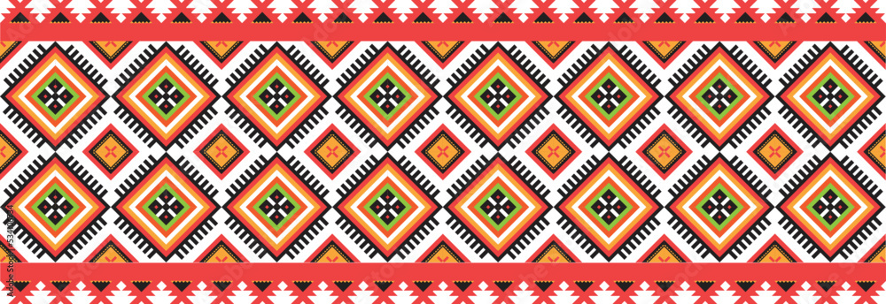 Geometric ethnic pattern vector red and yellow abstract seamless background. For print, pattern fabric, fashion textile, background, carpet, wallpaper, clothing, wrapping, batik. Beautiful Handcrafted