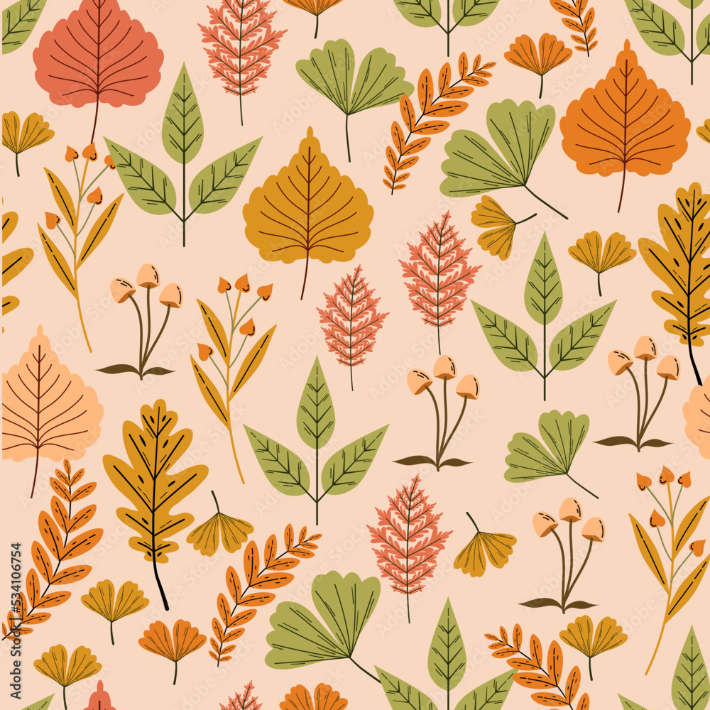 Fototapeta premium Vector autumn seamless pattern with leaves, acorns, acorns on a green background. Seasonal ornament. Endless texture can be used for web design, printing onto fabric and paper or scrapbooking.