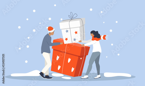 vector illustration in flat style - man and woman receive christmas gifts