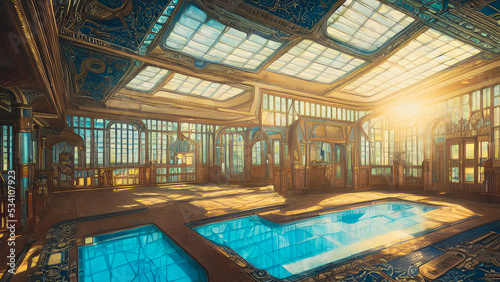 Artistic concept painting of a modern swimming pool interior, background illustration. © 4K_Heaven