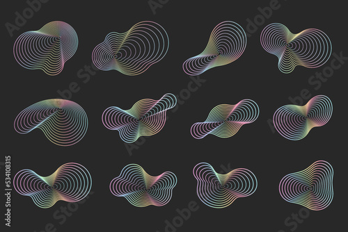 Abstract topography circles. Organic neon colored texture shapes. Vector outline holographic illustrations set.