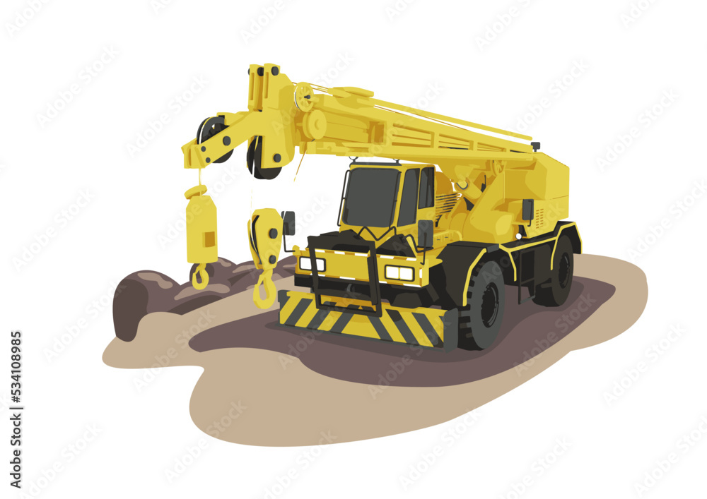 Obraz premium Crane truck machinery with digging buckets.Vector illustration of heavy industrial equipment.