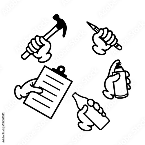 Hand icons with tools and other object. Hand hold device and set of sign hand with object, Design element for logo, poster, card, banner, emblem, t shirt. Vector illustration