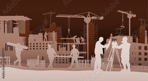 Building construction site with a tower crane and engineer and workers.Vector paper cut style.