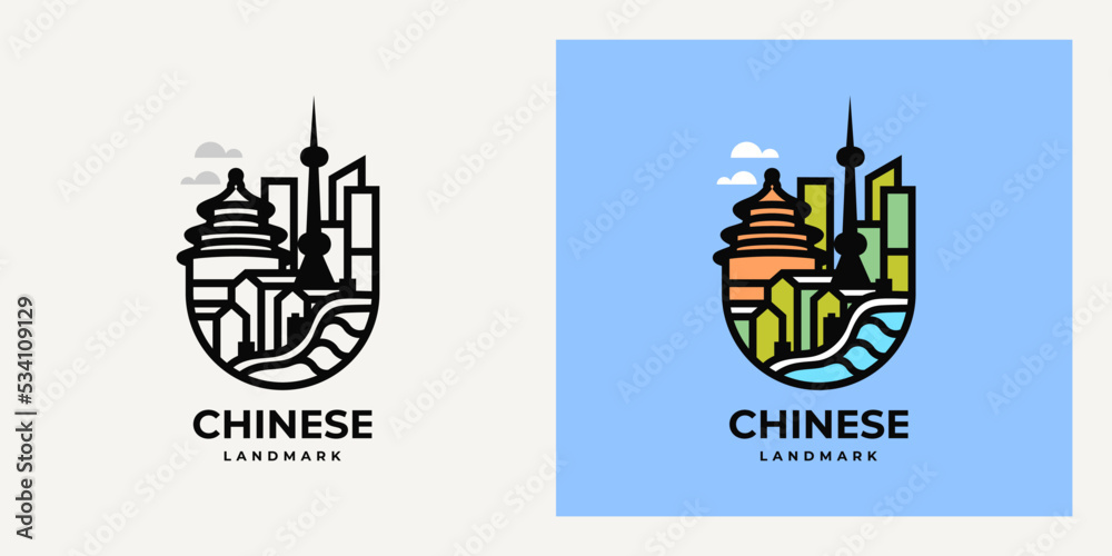 Monoline and colorful chinese landmark logo badge