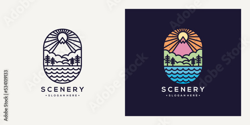 Monoline and colorful scenery fores mountain logo badge
