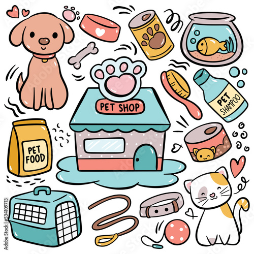 Hand Drawn Cartoon Pet Shop Doodle Vector Illustration