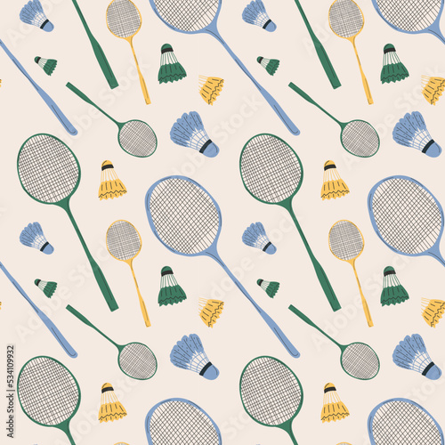 Seamless pattern  with Badminton racket and  shuttlecocks on white background. Equipments for badminton game sport. Vector illustration