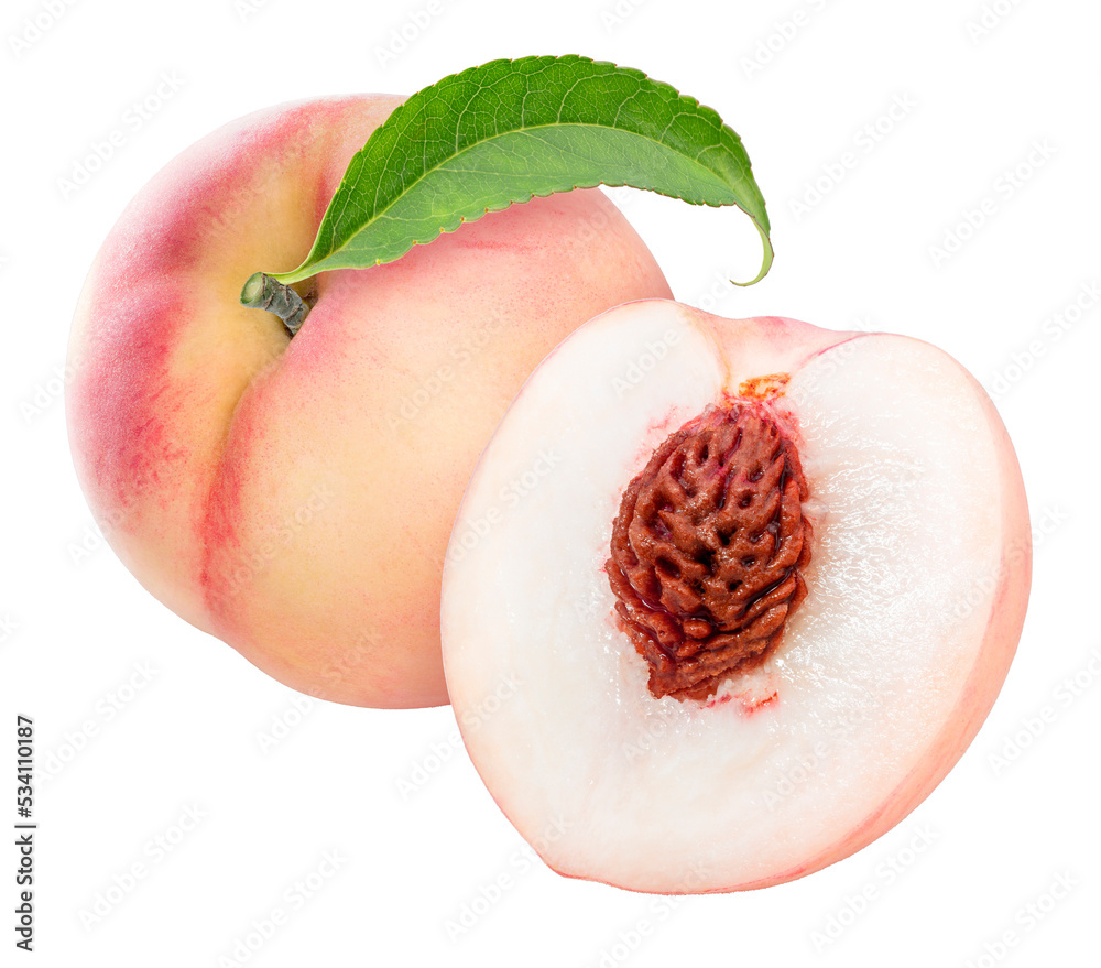 Pink Peach fruit with leaf isolated on white background, Fresh White