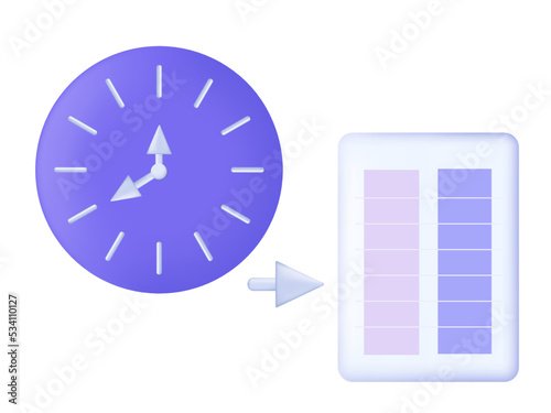 Document time 3d. Clock, direction arrow and business page. Deadline concept, work done, important report submitted, task completed on time. A quiz or exam with a limited hour or minutes. Vector