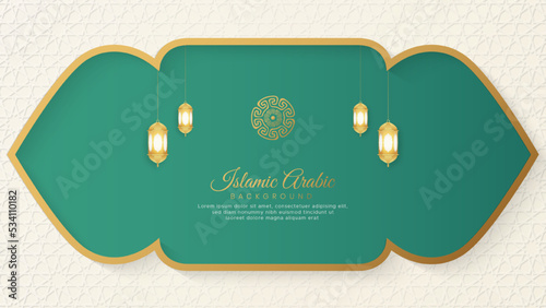 Islamic Arabic Green and White Background with Geometric pattern and Beautiful Ornament with Lanterns