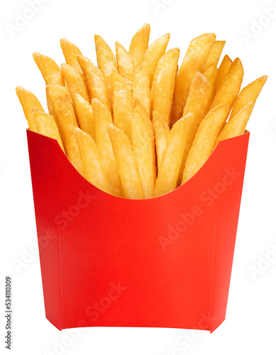 French fries in paper bucket isolated on white background, French fries on white PNG file