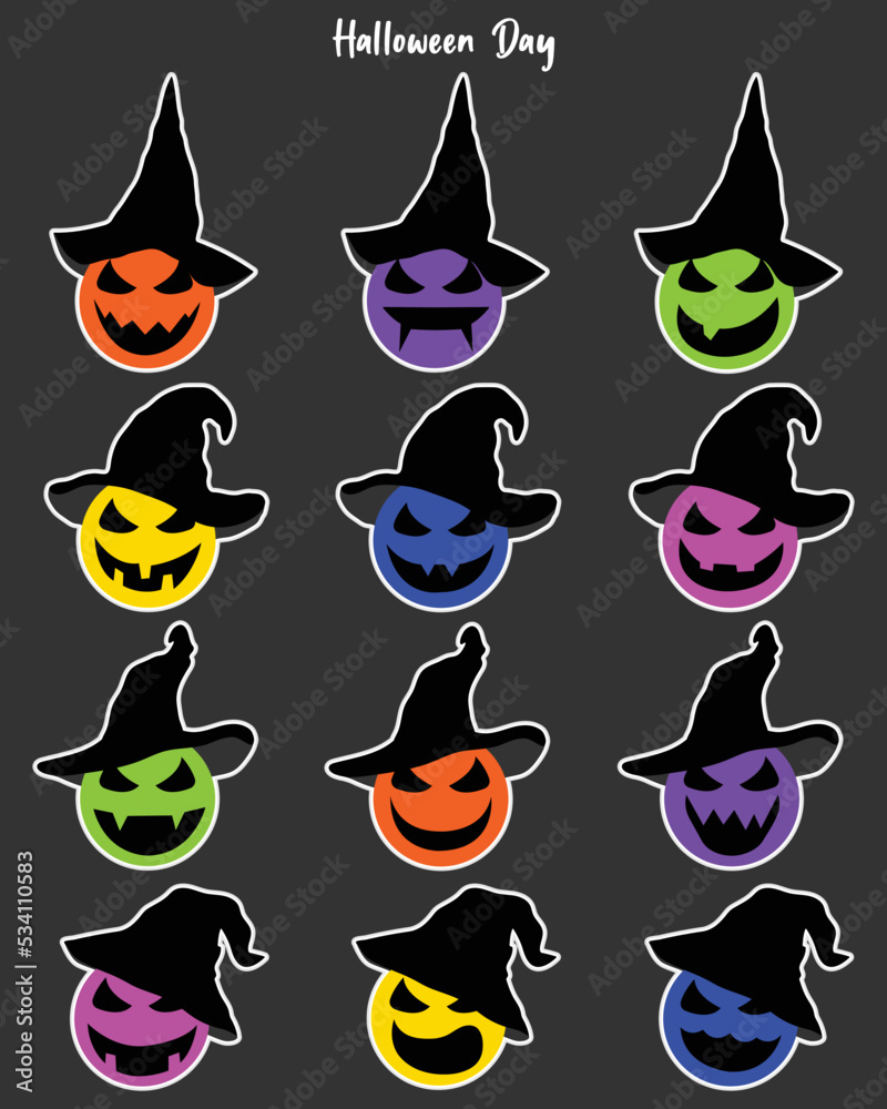 Set of Halloween colorful cute ghosts characters different faces.