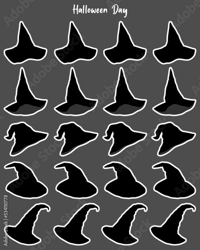 Set of Halloween witch black hat isolated stickers. © bbeer.s