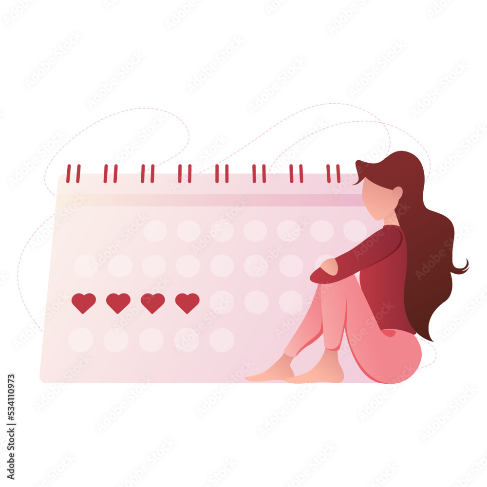 female menstrual cycle. menstruation calendar. Tracking the menstrual cycle. A woman is sitting near the calendar. Vector illustration of the female reproductive system. vector illustration female menstrual cycle. menstruation calendar. Tracking the menstrual cycle. A woman is sitting near the calendar. Vector illustration of the female reproductive system. vector illustration