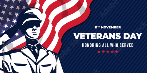 veterans day horizontal banner illustration with a soldier saluting