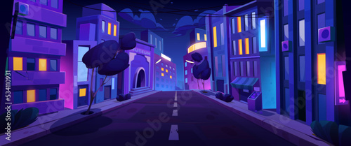 City street with road at night time, empty transport highway with walkway, trees and glowing buildings perspective view. Urban architecture, megalopolis infrastructure Cartoon vector illustration