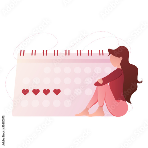 female menstrual cycle. menstruation calendar. Tracking the menstrual cycle. A woman is sitting near the calendar. Vector illustration of the female reproductive system. vector illustration