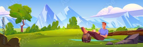 Man rest on mat on green lawn with log, stone, trees, bushes and mountains on horizon. Summer countryside landscape with person with cup and backpack, vector cartoon illustration
