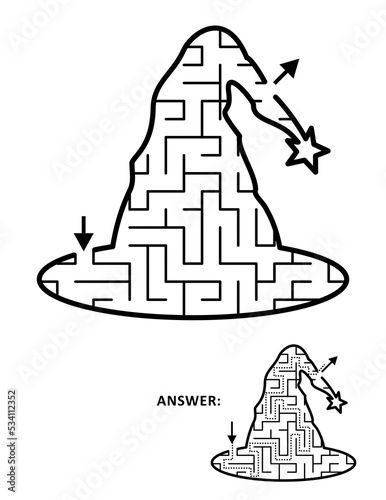 Halloween maze or labyrinth, witch hat shaped. Answer included.
 photo