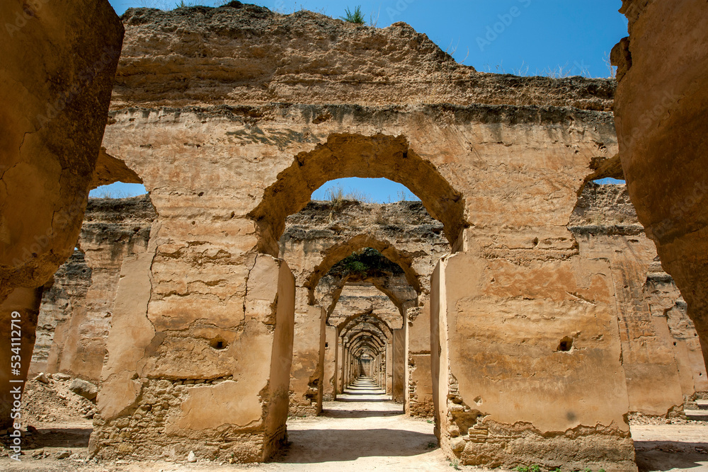 Ruins of the stables at Heri es-Souani at Meknes in Morocco. The stables once housed up to 12000 horses and was built by Moulay Ismail in the 17th century.