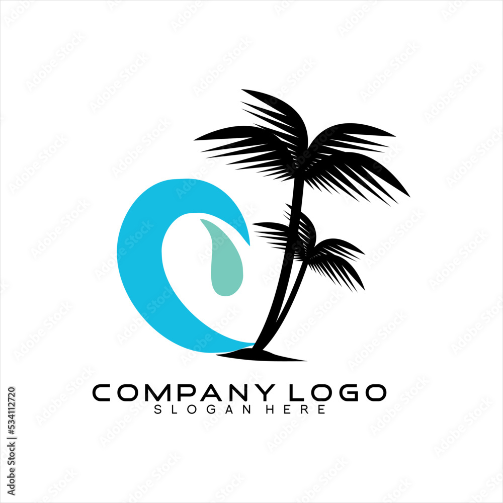 Vector logo design illustration of tsunami waves and palm trees.
