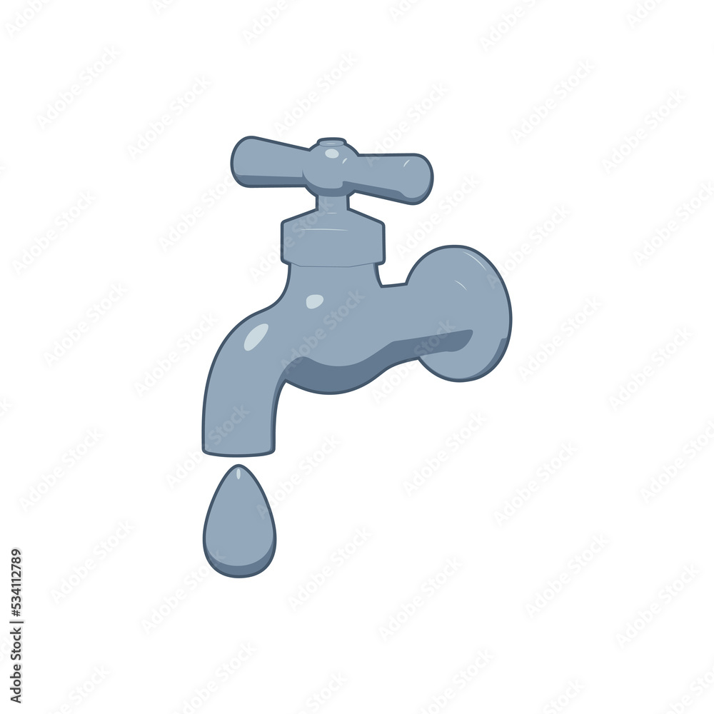 Color illustration of a faucet, a drop of water on a white background. Vector graphics. Design element for poster, icon, sticker, banner, print, badge, emblem. Plumbing. Color illustration of a faucet, a drop of water on a white background. Vector graphics. Design element for poster, icon, sticker, banner, print, badge, emblem. Plumbing.