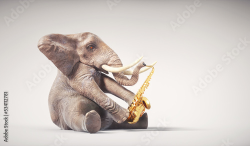 Photography Elephant playing on the saxophone.