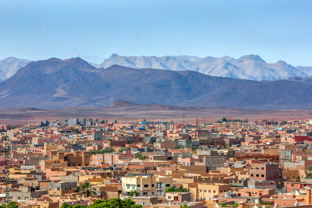 A section of the town of Tinerhir in Morocco with the magnificent High Atlas Mountains in the background. Tinerhir is a city in the region of Draa-Tafilalet.