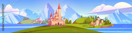 Ancient fairy tale castle on island surrounded by sea water. Cartoon vector illustration of summer landscape with old town houses on green hills, royal palace against mountain background, birds in sky