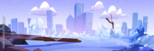 Cartoon winter scenery with snowy cityscape, frozen lake in public garden, broken tree lying on ice, cloudy sky above skyscraper silhouettes. Vector illustration of urban landscape in frosty weather