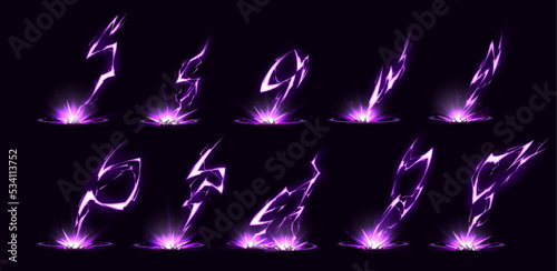 Lightnings, purple thunderbolts hit ground isolated on black background. Sparking electric strikes, storm discharges, lightning attack effect, vector cartoon illustration,