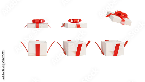 3d white open gift box with red ribbon bow isolated on white 3d background makes flying modern holiday open box surprise realistic icon for current banner. birthday, wedding, Christmas,Happy New Year.