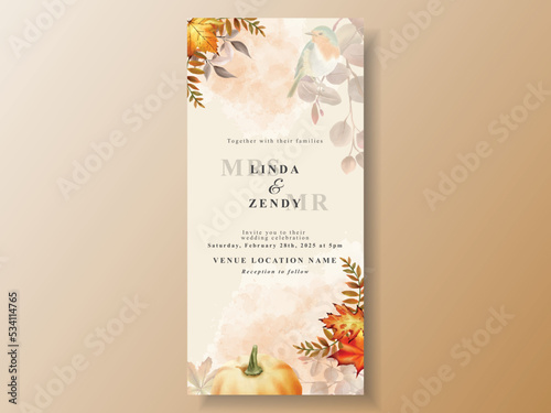 wedding invitation card template with hand drawn autumn leaves