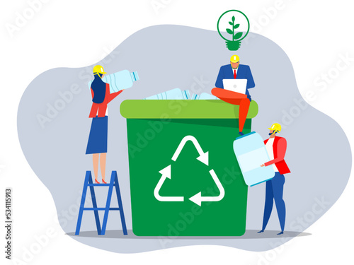 Team People sort waste for recycling Put plastic bottle and throwing them into special trash bin  Ecology concept. Clean planet garbage recycling and saving the planet concept.Flat vector illustration