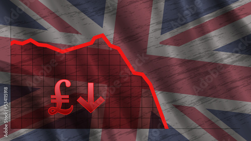 The fall of the British pound sterling. Vector economic poster. A red graph against the background of a wavy spotted UK flag