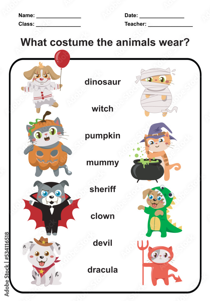 What costume the animals wear worksheet. Match texts and pictures with cute Halloween. Educational worksheet for preschool. Vector illustration. What costume the animals wear worksheet. Match texts and pictures with cute Halloween. Educational worksheet for preschool. Vector illustration.